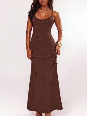Brown Knitted Vacation Midi Dress